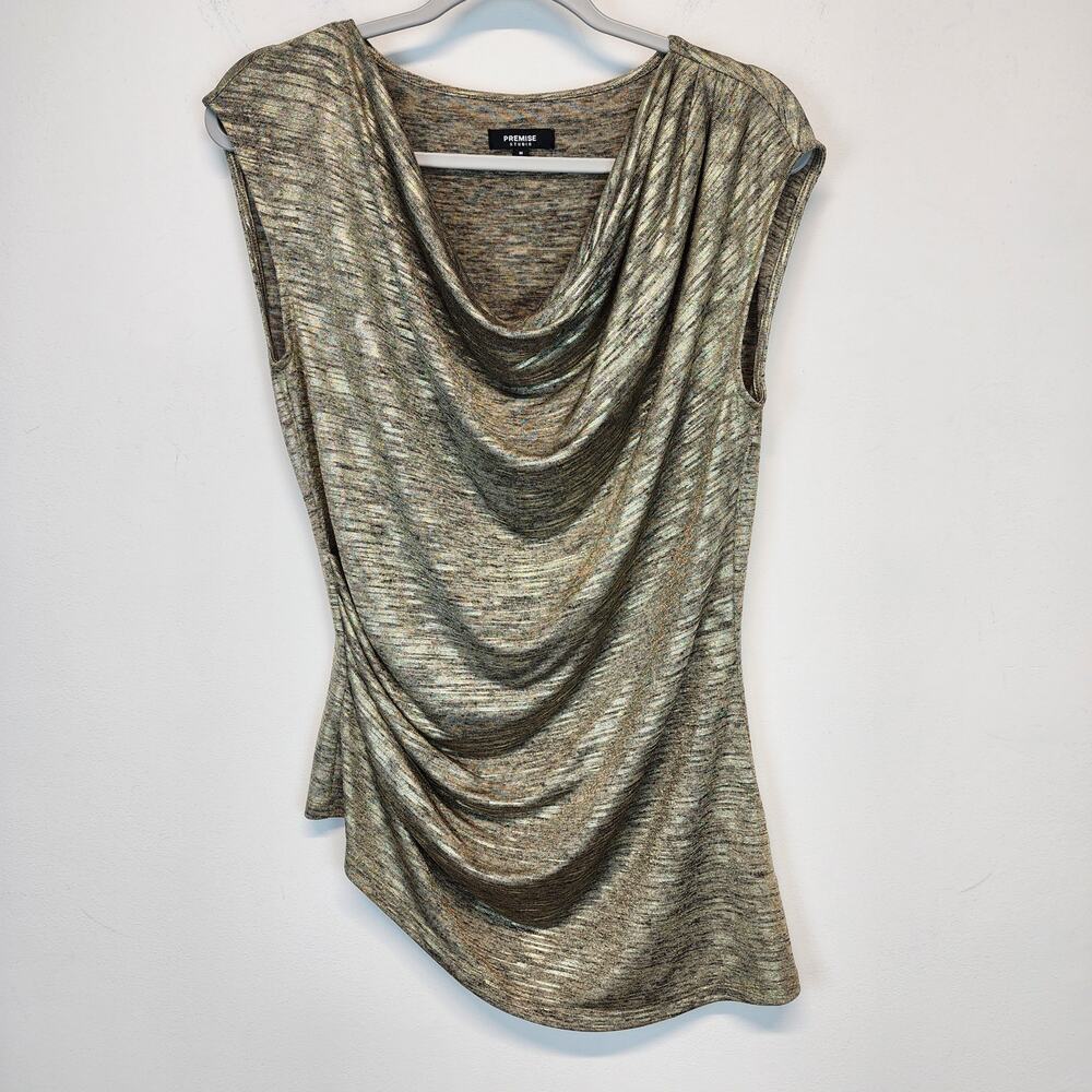 Premise Studio Womens Cowl Neck Top Size M Metallic Gold Stretch Y2K Clubbing